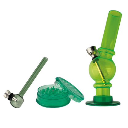 Gift set acrylic bong + grinder and glass pipe green