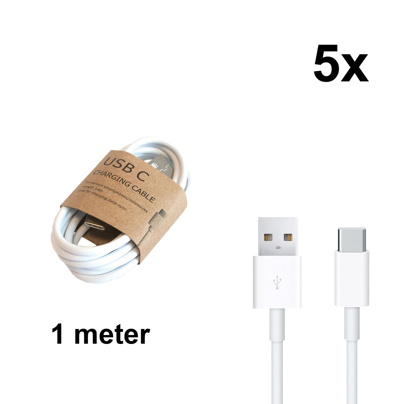 Grab 'N Go USB-A to USB-C Cable 1 m White 5 Pcs